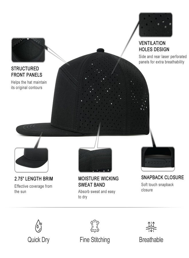 FEINION Men Flat Brim Adjustable Performance Hat Snapback Laser Perforated Baseball Cap (Black) - Image 3